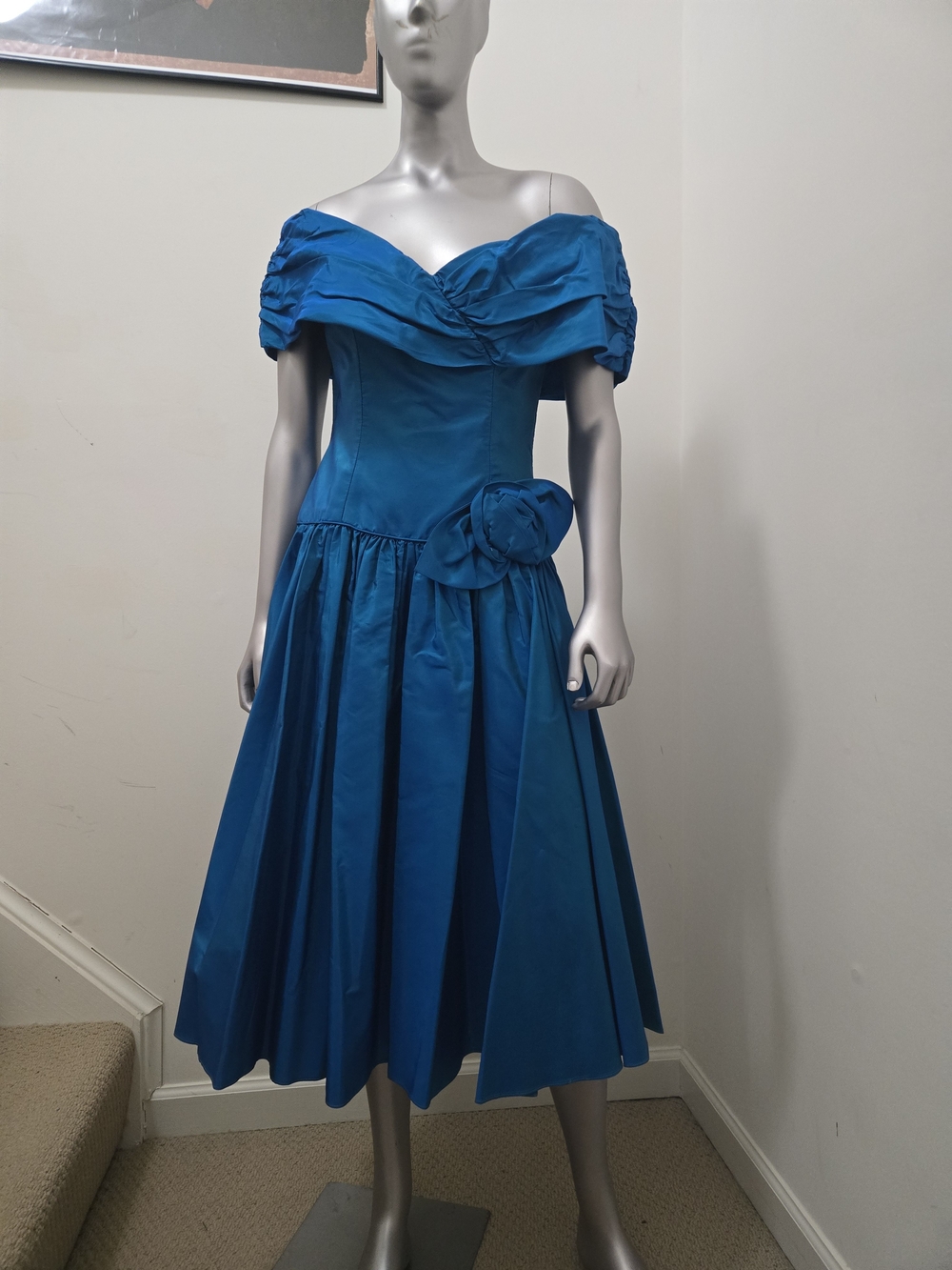 Off-Shoulder 1980's Teal Blue Cocktail Dress with Floral Waist Detail